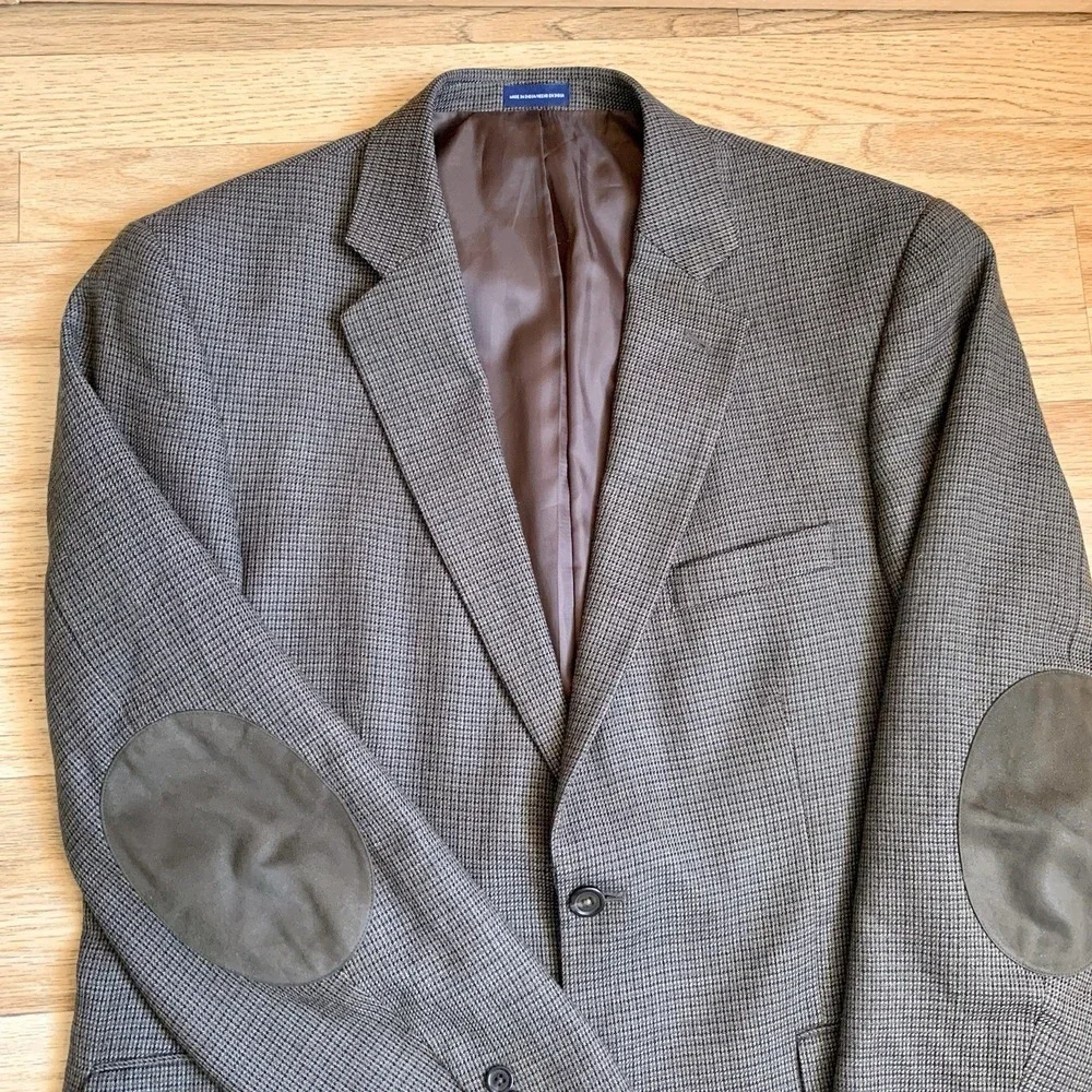 Stafford‎ Essentials Sports Coat 44L Classic Fit Elbow Patch Houndstooth Wool